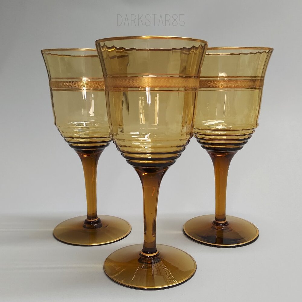 Vintage Amber Optic Water Goblets With Gold Trim Unknown Maker (x3)